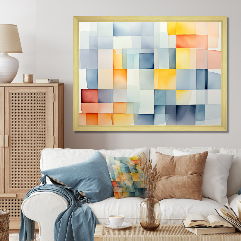 Motif de cubes multicolores V - art mural géométrique, Cadre doré à coins fermés, H 24 po x l 32 po x P 1 po