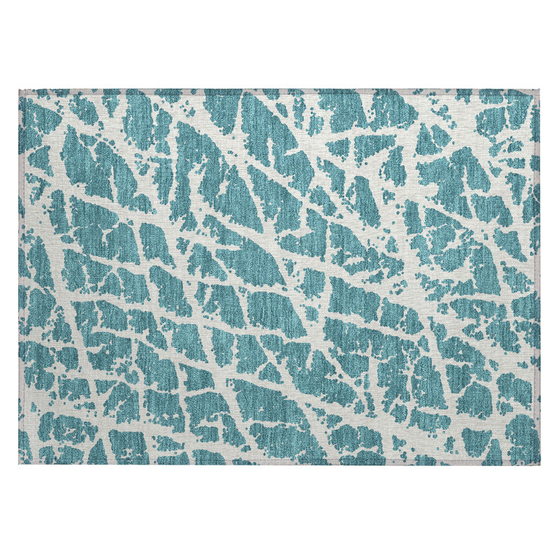 2' X 3' Teal Abstract Washable Non Skid Indoor Outdoor Area Rug