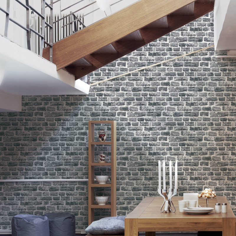 The Bricks and More Stone Symphony Motif 10.05m x 53cm Matte Wallpaper Roll, Black