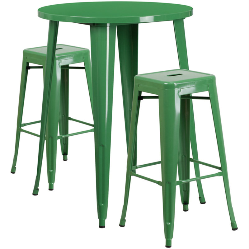 Gyala Round Metal Indoor-Outdoor Bar Table Set with 2 Square Seat Backless Stools, Green, 41" H x 30" W x 30" D