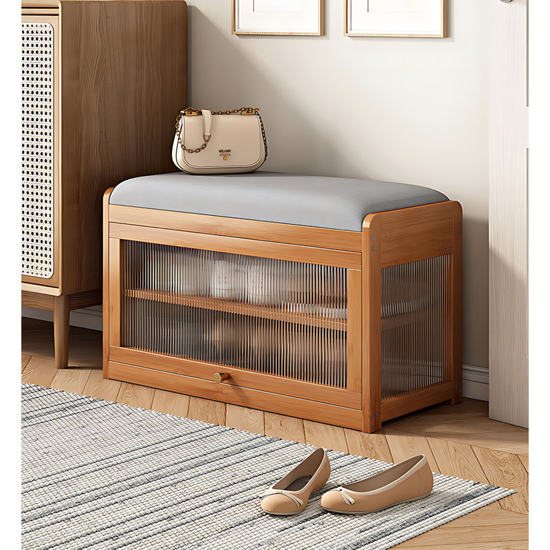 Banc de rangement transparent pour chaussures en bambou, Brun