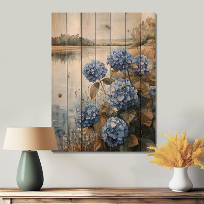 Hortensias par la rivière I - Art mural en bois d'hortensias - sur bois de pin naturel