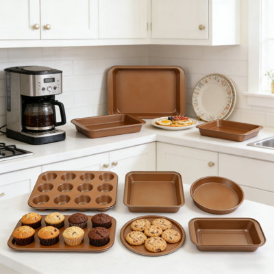 10-piece Complete Non-stick Bakeware Set In Bronze Gold, Carbon Steel Construction For Even Baking, All-in-one Set With Cookie Sheets, Muffin Tins, Cake And Bread Pans