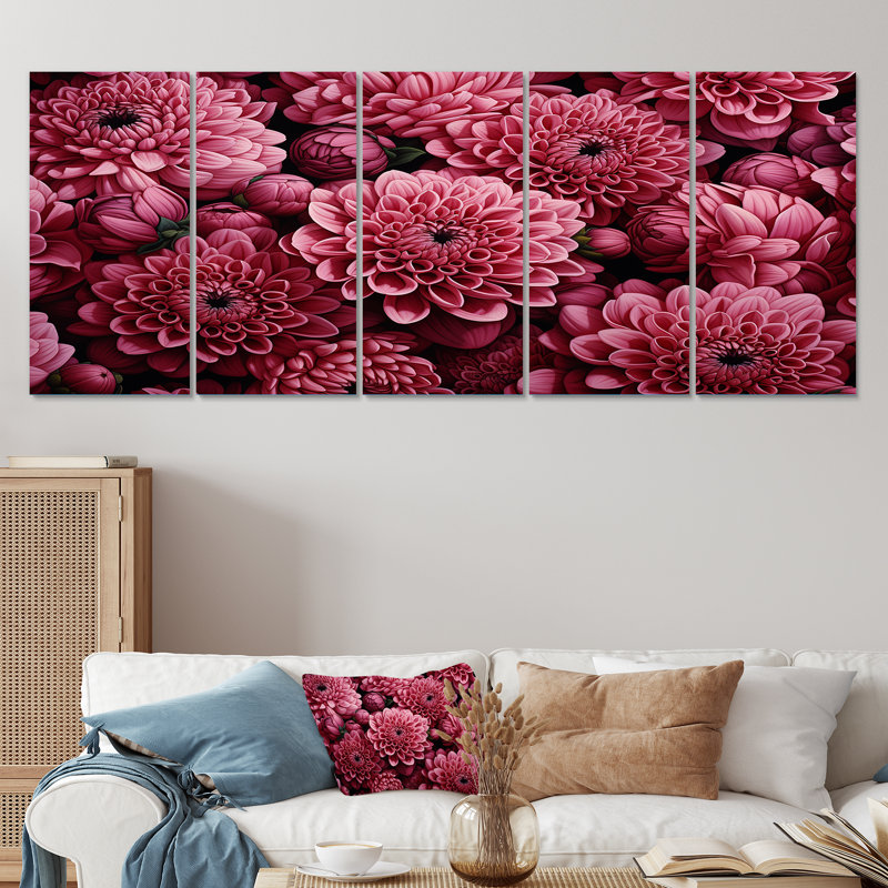 «Pink Chrysanthemums Gardens Collage II - Chrysanthemums», art mural sur toile 5 pièces, H 28 po x l 60 po