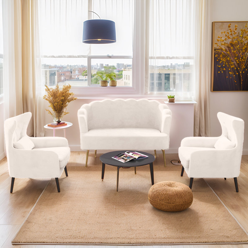 Ensemble de salon 3 pièces avec causeuse en velours doux moderne, Beige