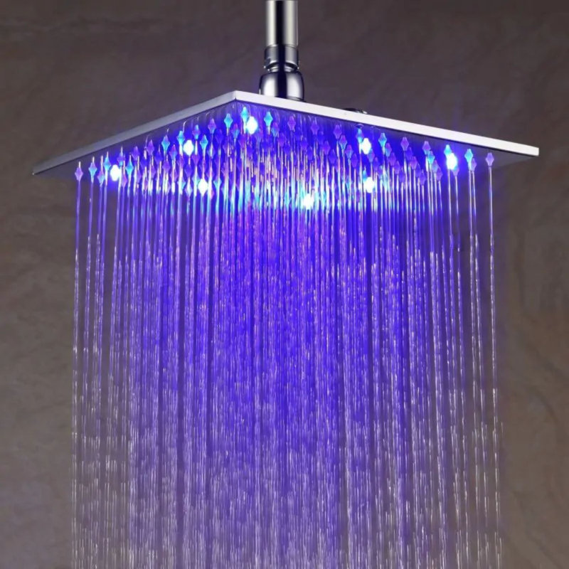 Juno 12-Inch Square LED Rain Shower Head Temperature-Sensitive Color-Changing, Chrome Finish