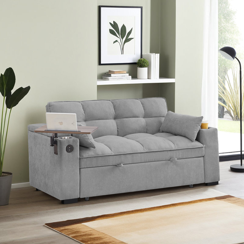 65"W Convertible 3 in 1 Sofa Bed, Vincy Pull Out Couch Loveseat Sleeper with Side Table&USB&Type-C Ports&Storage Armrests