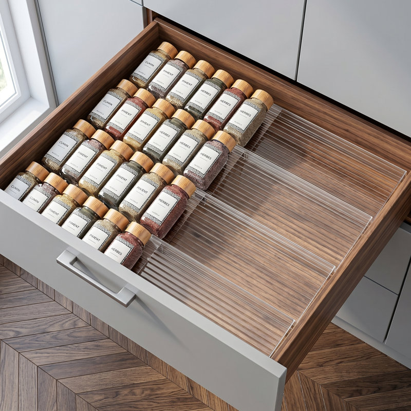 Étagère à épices transparente, 4 niveaux - 2 ensembles (8 paquets) Étagère à épices pour tiroir, extensible de 11 po à 22 po, organisateurs de cuisine et rangement pour tiroir (pots non inclus)