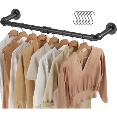 Wall Mounted Clothes Rack, 36.2in Industrial Pipe Clothing Rack For Hanging Clothes, Space-saving Closet Rod, Multi-purpose Hanging Rod For Bedroom, Laundry Room, 2 Base (1 Pack)