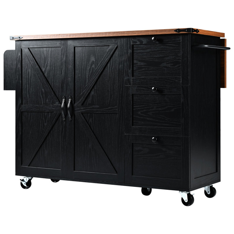 Kitchen Island Cart With Spice Rack And Lockable Wheels, 54.5" Black Rolling Deep Drawers Charging Station,, Black