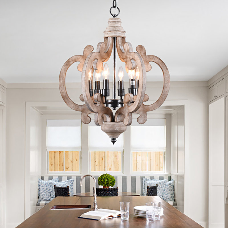Ambrose 6 - Light 18" W Rustic Solid Wood Chandelier Kitchen Island Chandelier Farmhouse Wood Chandelier Geometric Chandelier