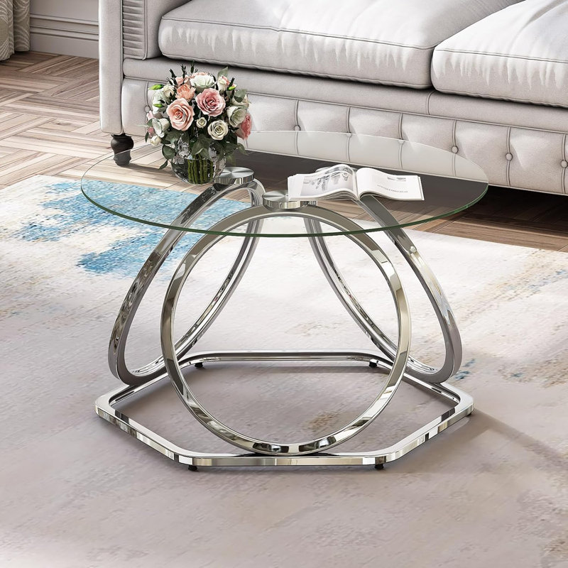 Table basse moderne en verre avec base hexagonale, plateau rond en verre trempé et structure en métal chromé pour le salon et le bureau