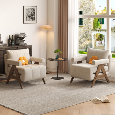 Beige Cotton Linen Sleeper Reclining Sofa Chair,Chaise,Sofa Bed with 5-Gear Adjustable Backrest,Sets Of 2