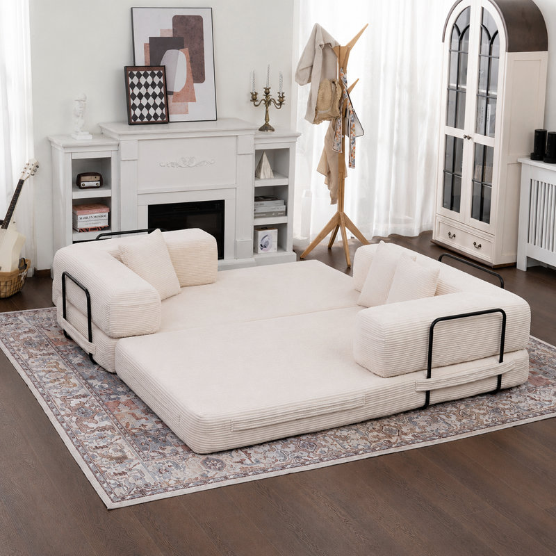  80" Convertible 4-In-1 Sleeper Sofa Bed With Removable Armrests, White