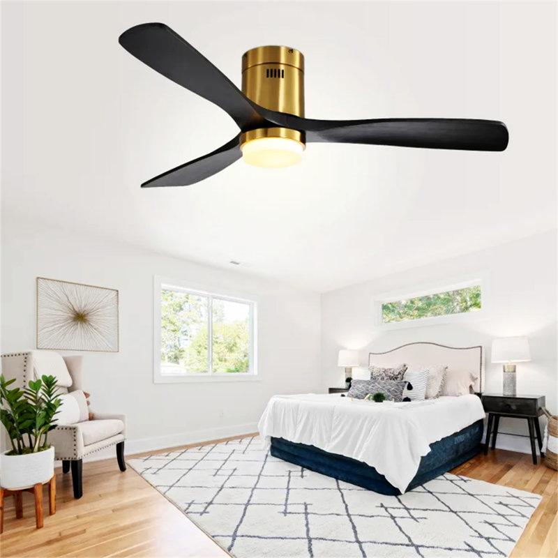 52 Inch Low Profile Ceiling Fan With Remote Control 3 Solid Wood Blades