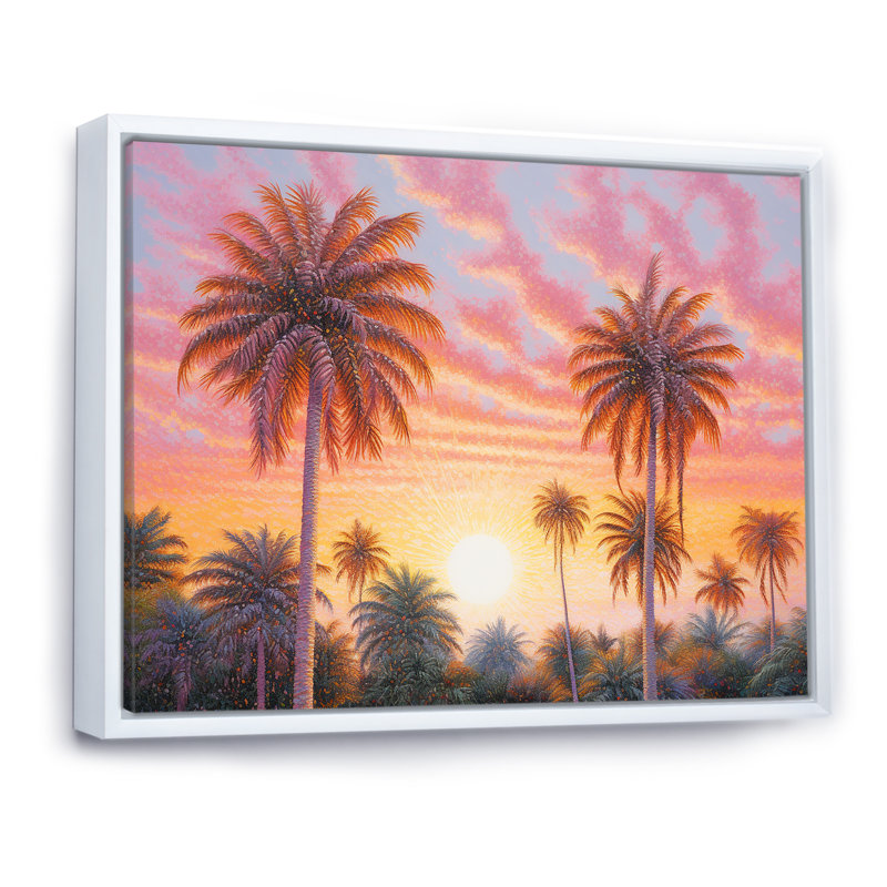 Rose radiance coucher de soleil palmiers V, Cadre flottant blanc, H 16 po x l 32 po x P 1 po