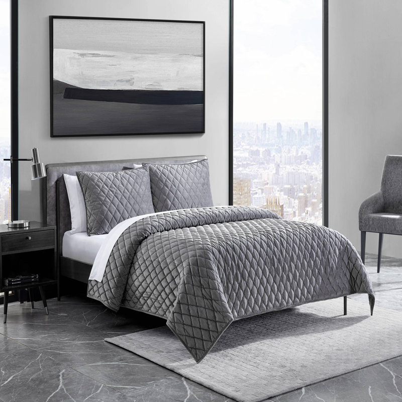 Vera Wang Diamond Velvet Quilt Set, King Quilt + 2 King Shams, Charcoal Grey