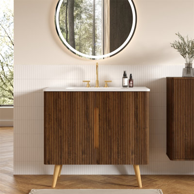 Meuble-lavabo en noyer rayé 36 po Etna avec lavabo en céramique blanc de Carrare avec trois trous de robinet, grand meuble-lavabo autoportant avec rangement pour salle de bain moderne