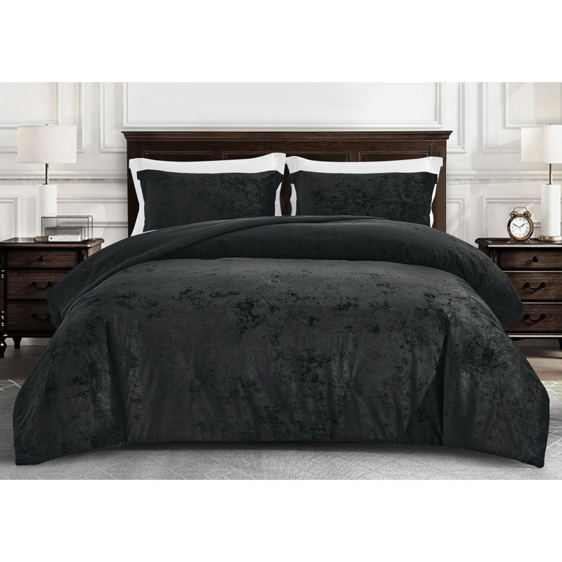 Lux Distressed Velvet Reversible Comforter Set, Queen Comforter + 2 Standard Shams, Black