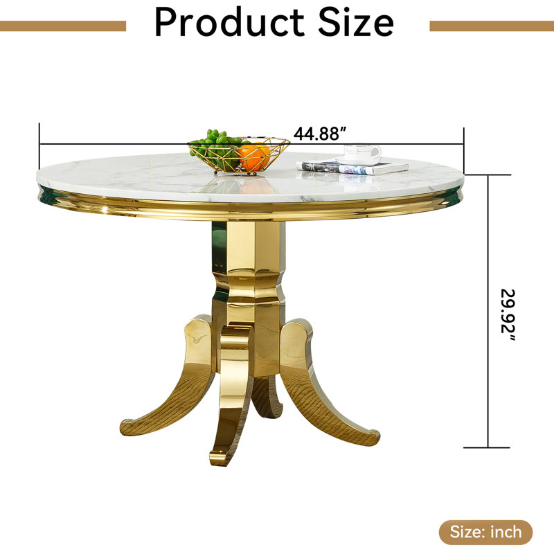 White Marble Dining Table, Luxurious 44.88" Circle Dining Room Table with Printed Marble Top and Stainless Steel Pedestal, Modern Round Kitchen Table for 6