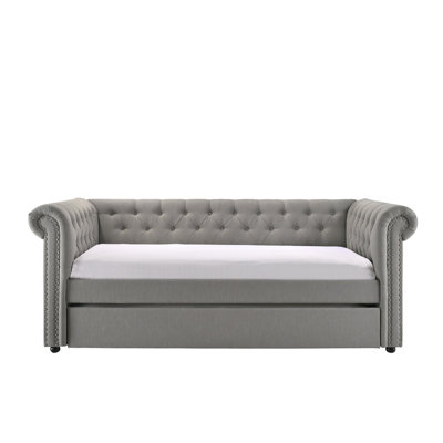 Luxurious 1Pc Modern Aesthetic Beautiy Button Tufted Nailhead Trim Design Daybed Built-In Pull-Out Trundle Bed Living Space Guest Room Bedroom