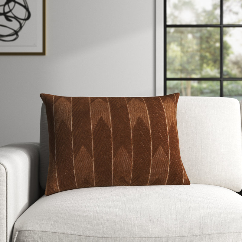 Brown Embroidered Cotton Lumbar Pillow with Chevron Design