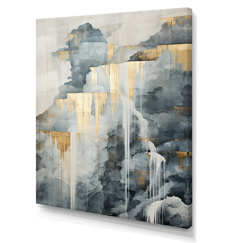 Or et gris cascade aventure sur toile, Toile tendue, 32" H x 16" W