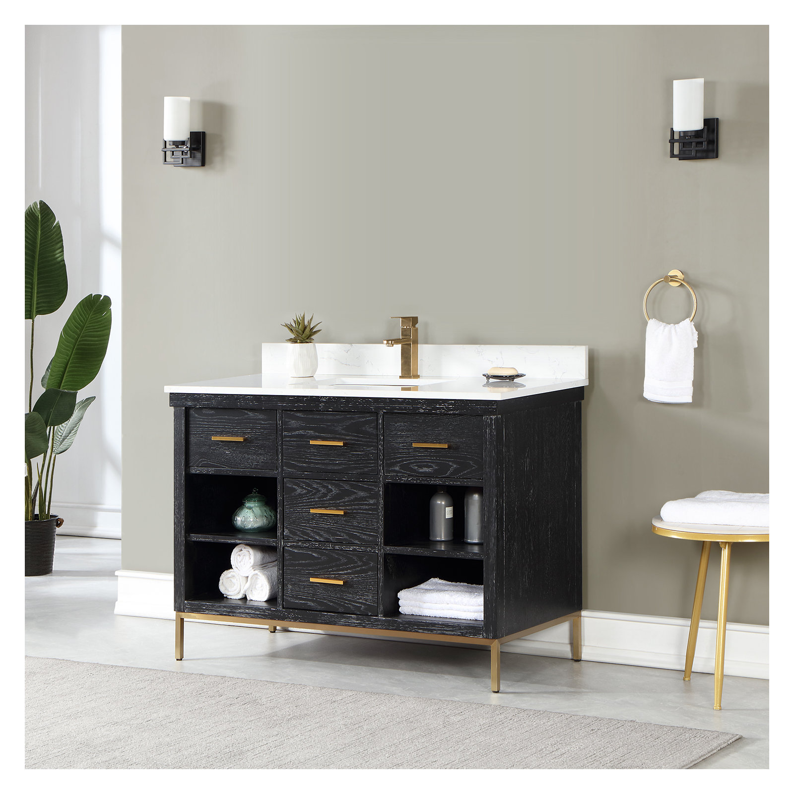 Kesia 48'' Single Bathroom Vanity, Black, Gold