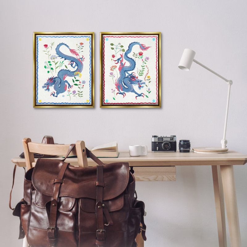  Dragons avec détails de fleurs, ensemble de 2 toiles flottantes encadrées par Melissa Wang, H 21 po x l 17 po