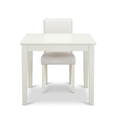 Ensemble de salle à manger carré 3 pièces en bois dur asiatique massif blanc lin avec 2 chaises en similicuir, plateau biseauté et pieds profilés