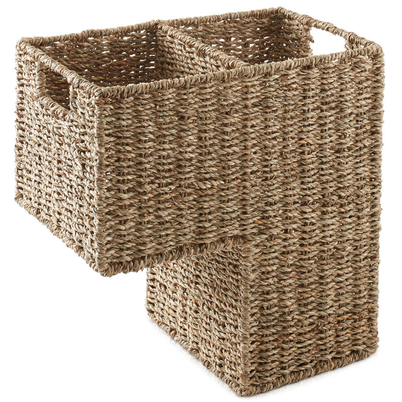 Stair Basket w/ Handles for Staircases - Natural Seagrass - Woven Bin for Steps