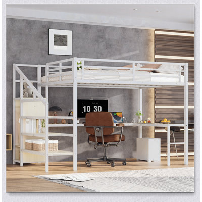 Metal Loft Bed with L-shaped Desk, USB, and Adjustable Shelf, Ideal for Kids, Teens, and Adults in Modern Spaces