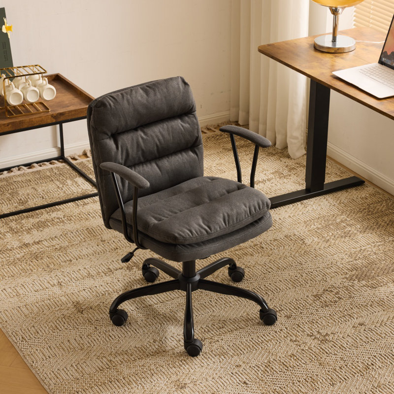 24.4 Inch Upholstered Swivel Office Chair With Leg Pegs And Wheels, Dark Gray