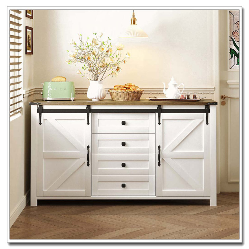 Buffet en bois 55,1 po avec portes de grange coulissantes et 4 tiroirs, table en bois avec prise de courant, Marine
