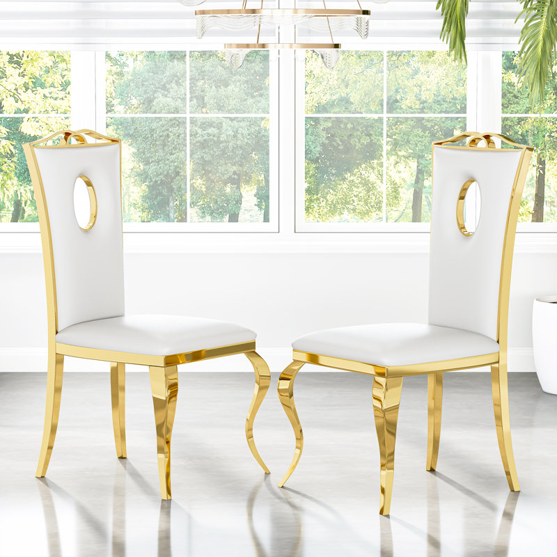 Dilmurod 18.9'' H Faux Leather Upholstered Side Chair, White, Gold
