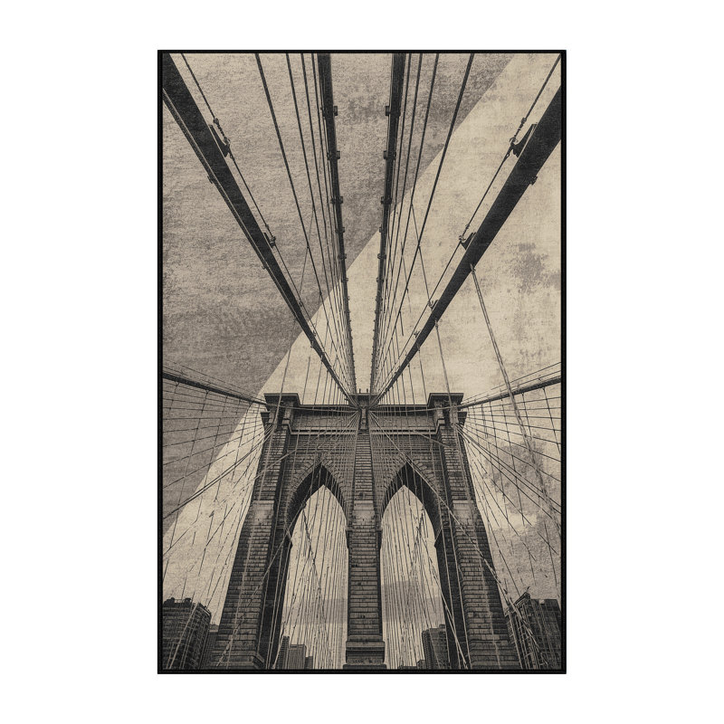 Soft Plush Burnham Brooklyn Bridge Industrial Geometric Area Rug in Beige – Black Binding, 2x5