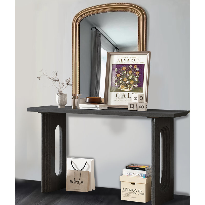 Console de 59 po en bois avec pieds ronds creux, table d'entrée moderne, table de canapé, Noir / bois naturel