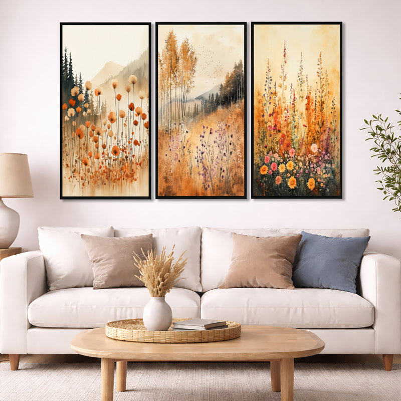 «Orange Wildflowers Meadow Horizon - Wildflowers», art mural encadré 3 pièces, H 32 po x l 48 po, Cadre flottant noir