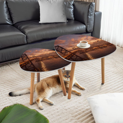 Triangle Nesting Coffee Table Set of 2 New York City skyline sunset Brooklyn Bridge Lower End Table Modern Minimalist Side Table Set for Living Room Bedroom