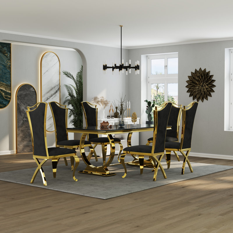 Ensemble de table de salle à manger de luxe avec 6 chaises en cuir, Noir et or, Noir, Doré