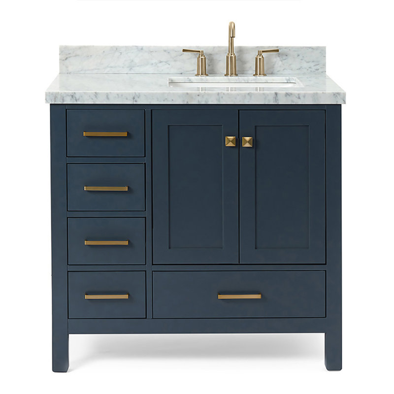 Cambridge 37'' W Single Vanity, Satin Brass, Midnight Blue, Carrara Marble