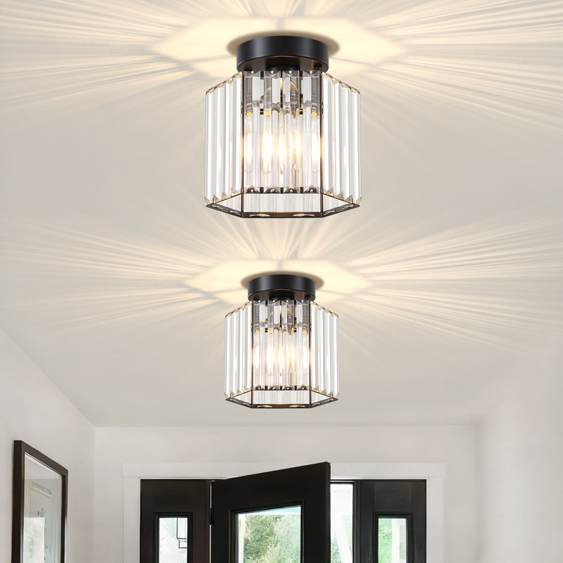 1-Light Dimmable Crystal Drum Semi Flush Mount Ceiling Light for Bedroom Kitchen Hallway, Matte Black