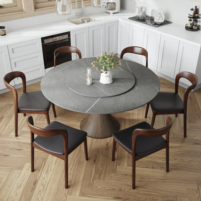 Mid Century Modern Gray Stone With Rotating Tray Round Dining Table Sets(1 Table 4 Chairs, 1 Table 6 Chairs)