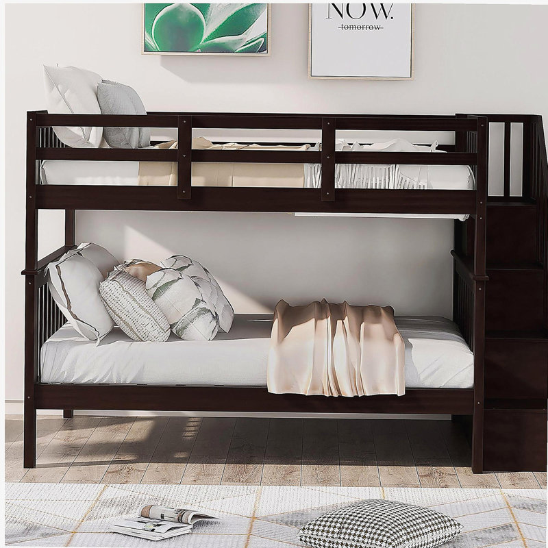 Lit superposé double au-dessus de double avec espace de rangement et rails, pour chambres à coucher, dortoirs, en brun foncé