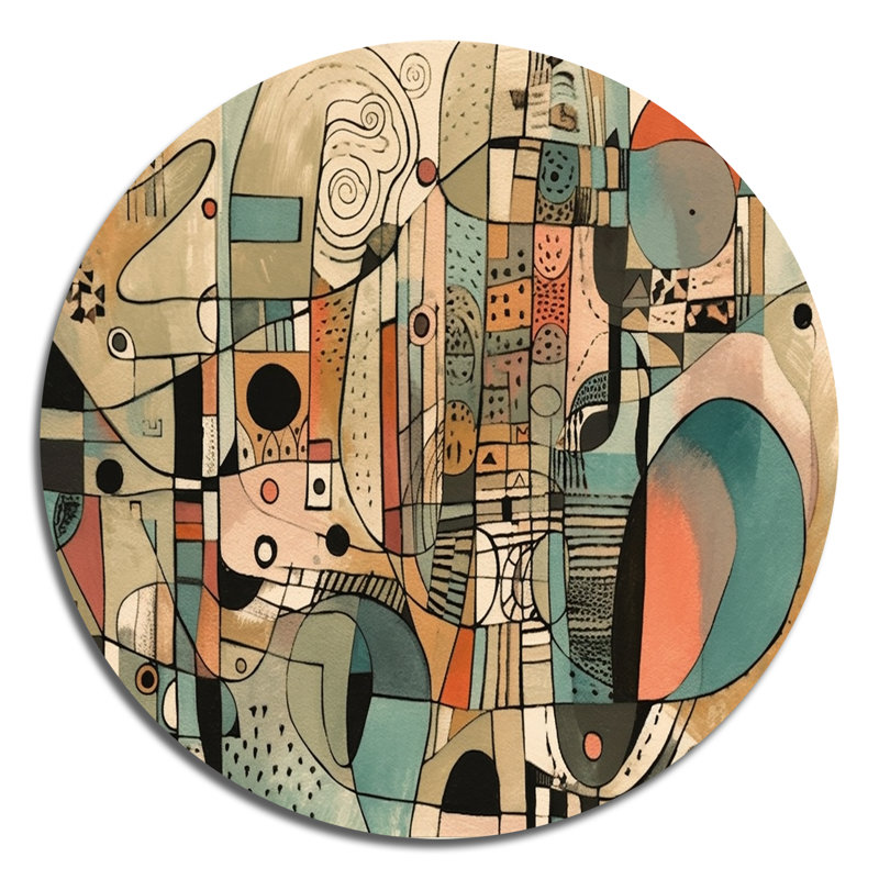 Golden Mid Century Boho Drawing - Abstract Minimalism Round Wall Art on Metal, 16" H x 16" W x 1" D