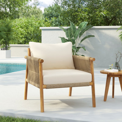 Méridienne d'extérieur moderne tissé de 28 po avec structure en bois massif et coussins en polyester confortables, parfait pour la terrasse, le jardin ou le balcon