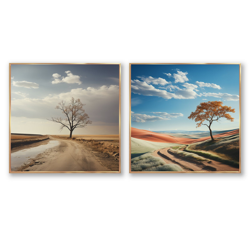 Photographie de minimalisme prairie tranquillité - ensemble de 2 collages carrés minimalisme, Cadre flottant doré