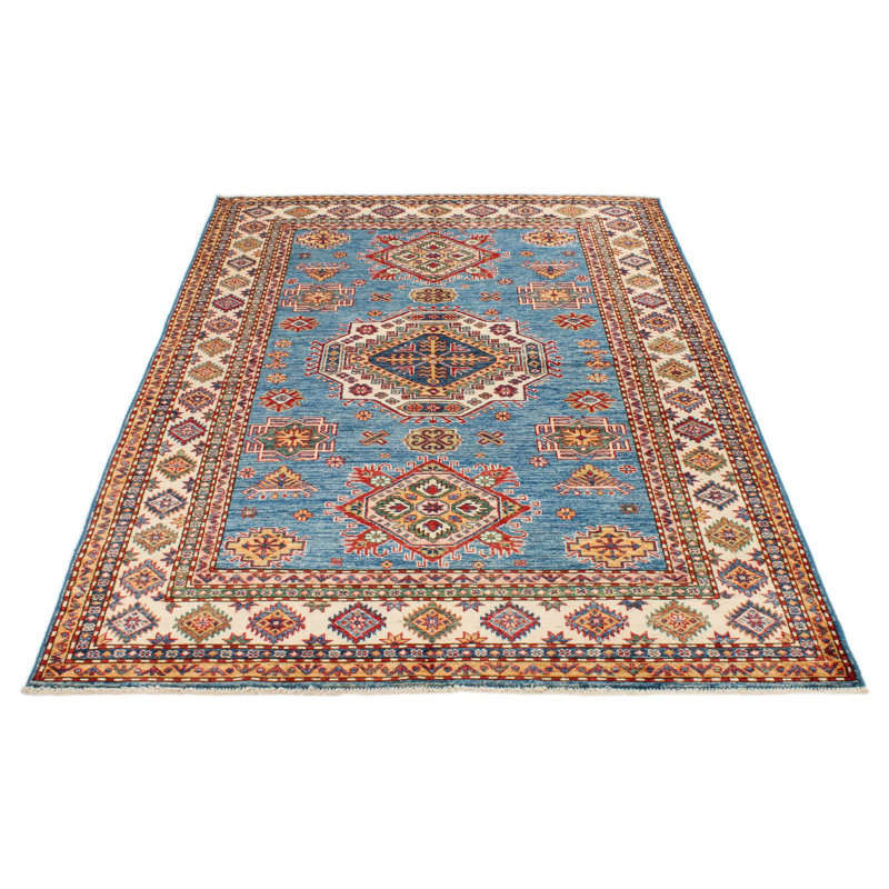 5x7 Blue and Ivory Kazak Tribal Rug