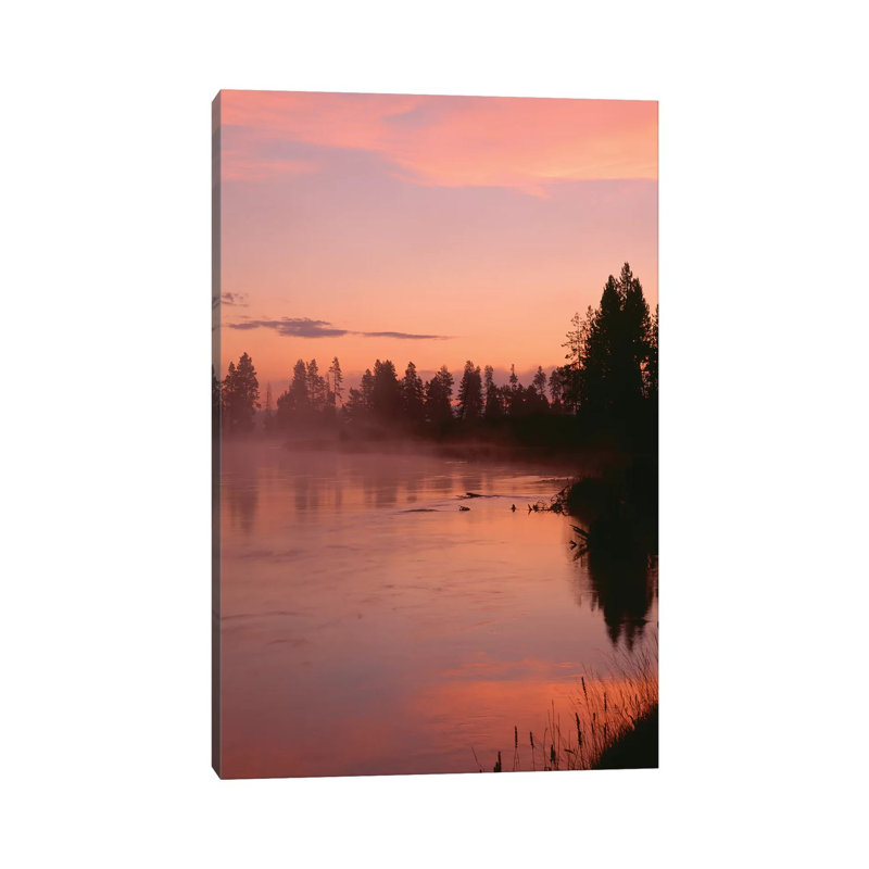 USA, Oregon, Deschutes National Forest. Fog Hovers Above The Deschutes River At Sunrise. by John Barger - Wrapped Canvas Print
