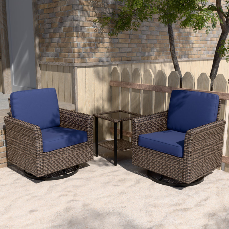 2-Person Spacious Seating Swivel Chair Seating Group Patio Multi-brown Wicker Rattan Conversation Set with Cushions, Blue